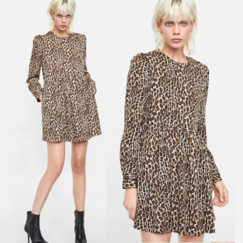 Zara Leopard Animal Print Babydoll-Style Dress Sz M NWT